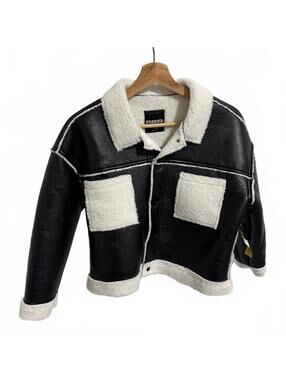 RSQ Cropped Black Faux Leather and White Sherpa Jacket